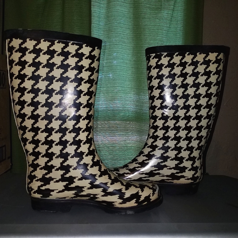 Black White Houndstooth Mid-Calf Pull-On Rubber Rain Boots Adjustable Straps W/6 - Picture 5 of 11
